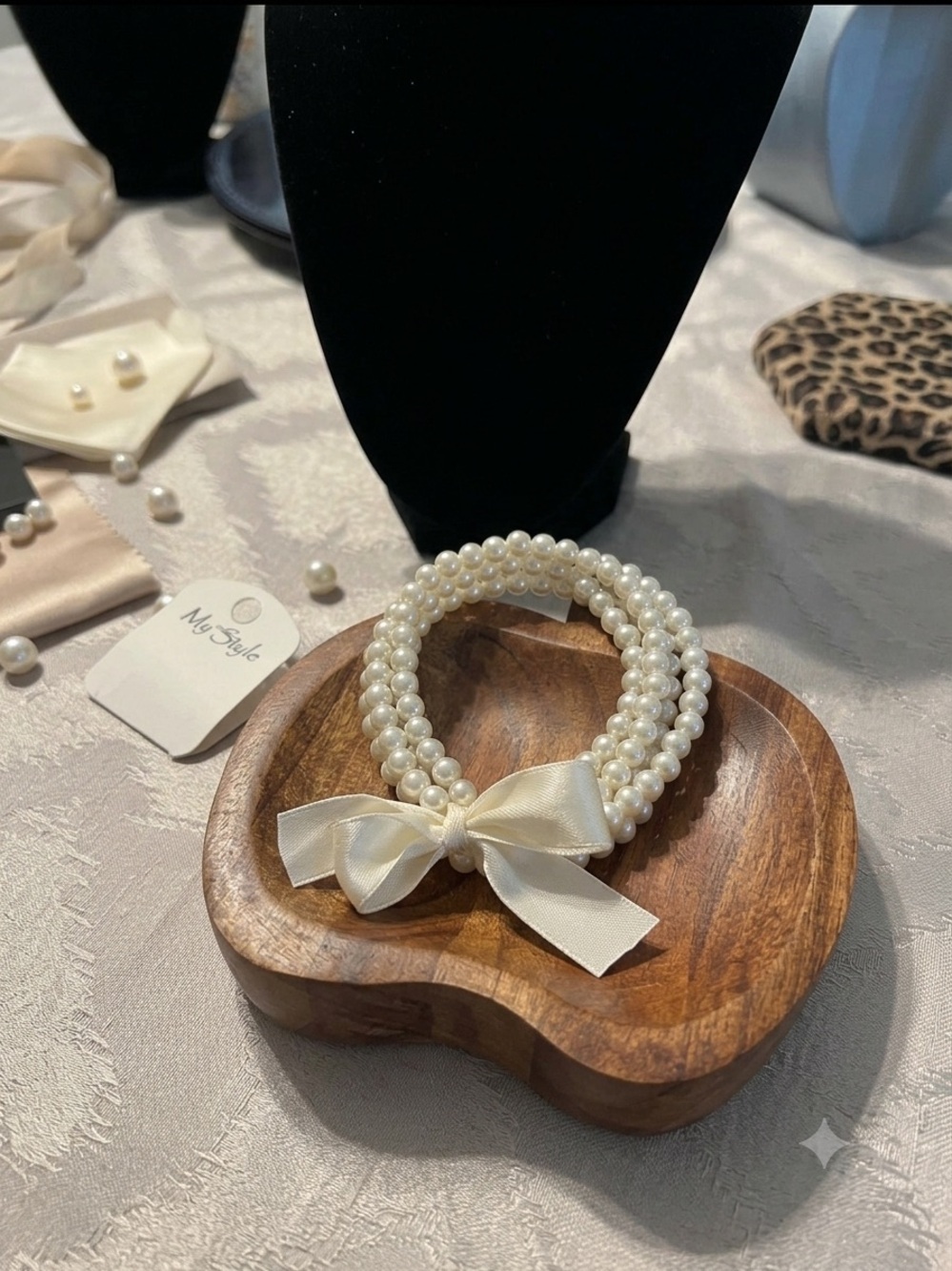 Pearl Multi-Strand Bracelet with Satin Bow — White